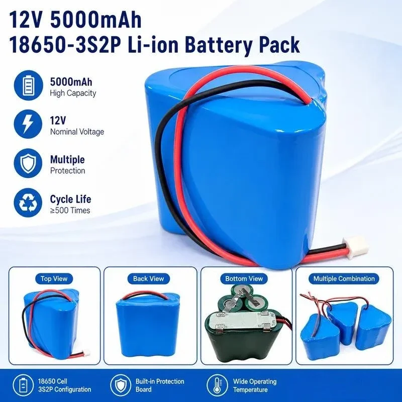 12V Lithium Battery Pack 3S2P Triangle 11.1V Large Capacity 18650 Battery for Speaker Massager