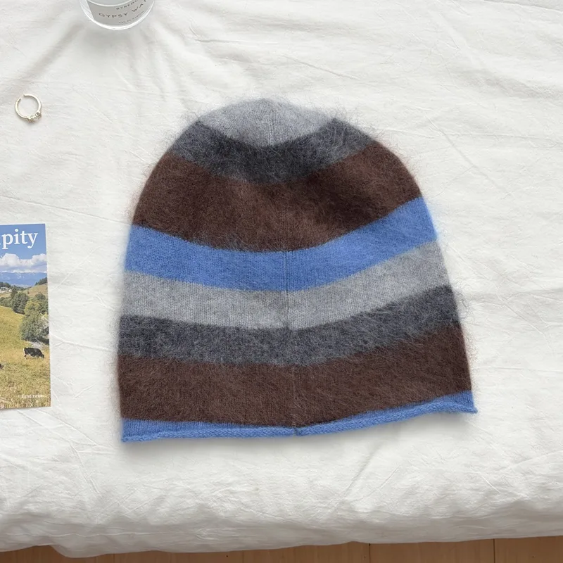 Contrast Color Striped Cashmere Blended Pulled Hair Cold Hat Fragrance Solid Color Circumference Fashionable Retro Knitted Hat