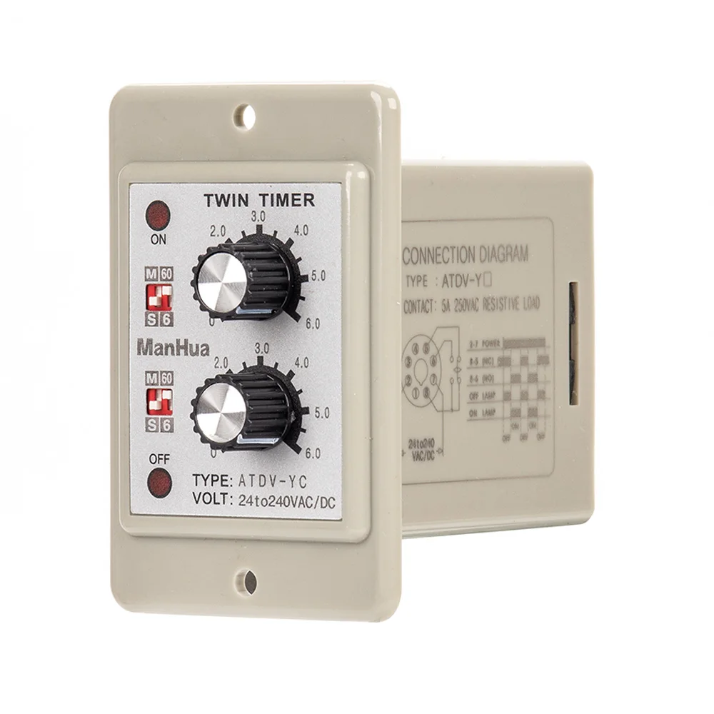 ManHua On Off Twin Timer Relay Knob Control Time Switch ATDV 6S-60M Relay Board 24 to 240VAC/DC Electrical Access