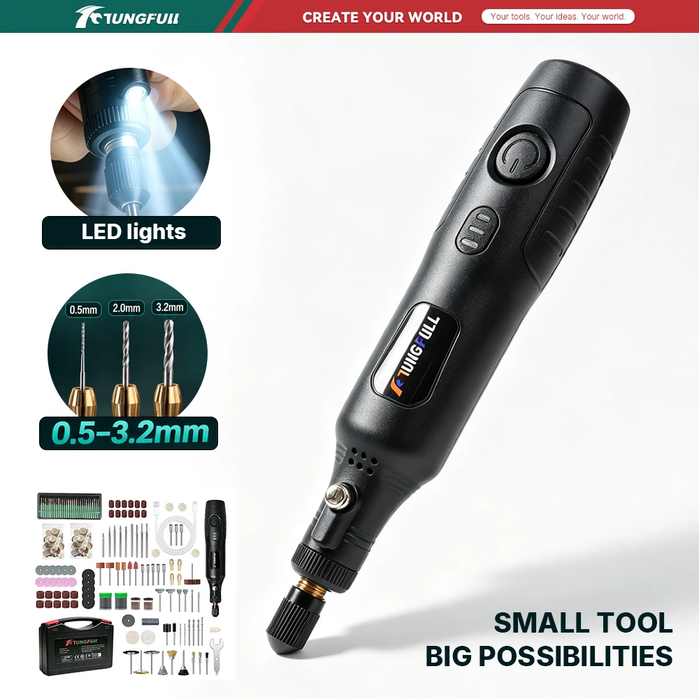 TUNGFULL Handheld DIY Polishing Grinder Pen Mini Rotary Tool 0.5‑3.2mm Chuck Built‑in LED for Metal Grinding Model Making