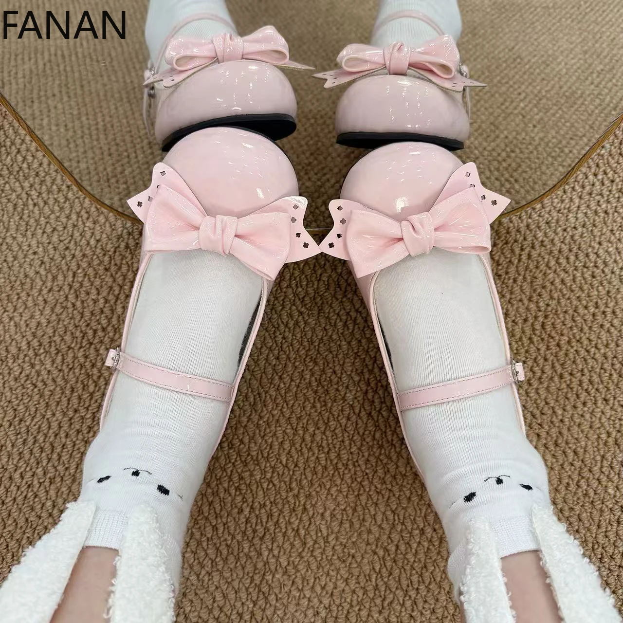

2025 New Lolita Low Heel Women's Shoes Round Bow Cute Leather Shoes Casual Sweet Platform Pink Flats Kawaii Original