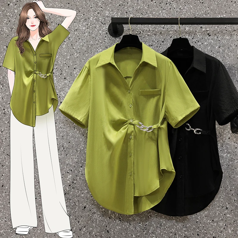 

Loose Mid-Length Green Shirt for plus Size Women Summer Casual Style Cover up Design Sensation Asymmetrical Slimming Top