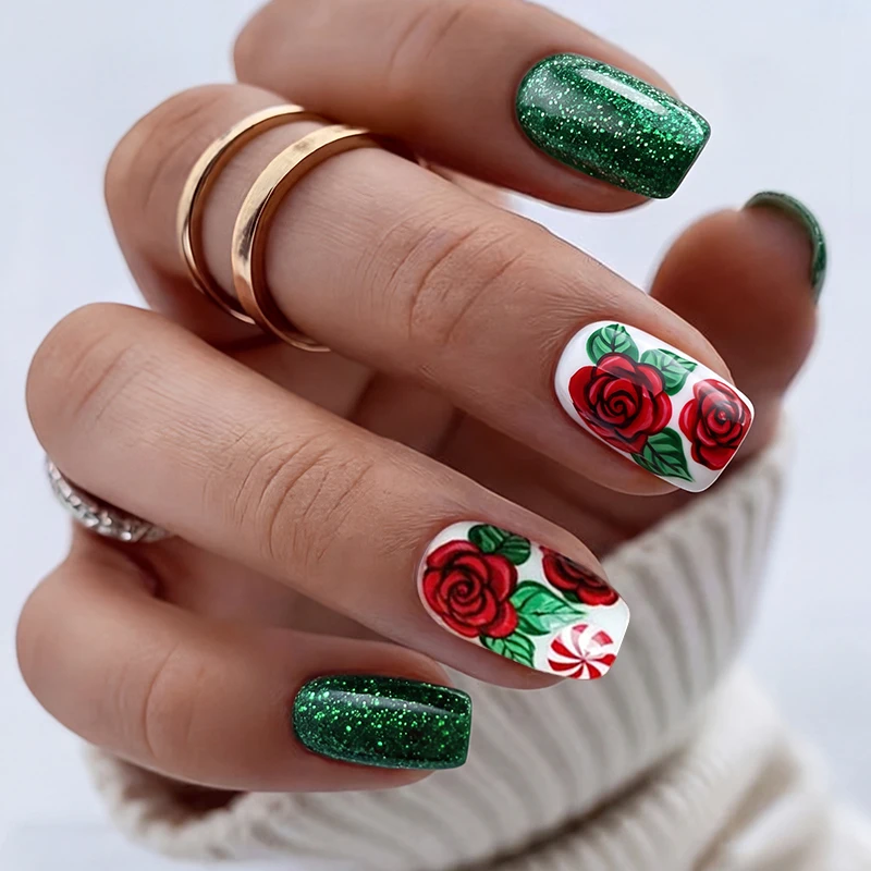 24-Piece Set of Christmas Red Rose Candy Cane Press-On Nails, Red and Green Glitter Holiday Fake Nails, Removable Jelly Glue Nail Stickers, Complete Set Including Nail File
