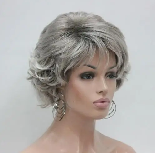 Charming beautiful fashion new light gray and dark root Short Synthetic Hair Full Women's Wig For Everyday