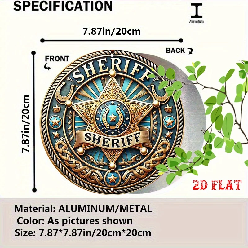 2D Flat 1pc Sheriff Badge Round Aluminum Sign, Star Metal Tin Sign, Rope 7.87X7.87 Round Aluminum Sign