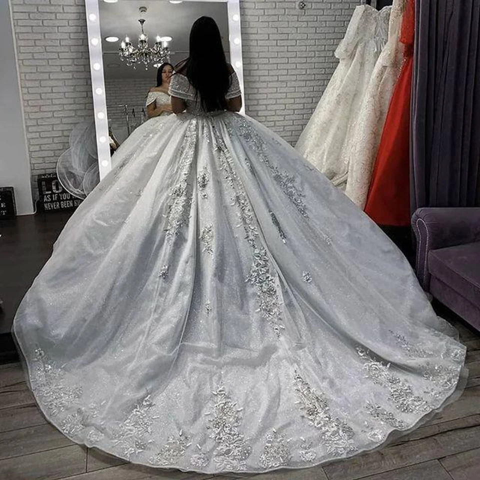 Luxo árabe brilhante tule vestidos de casamento 2022 rendas apliques fora do ombro querida vestidos de noiva rendas até voltar vestido de noite