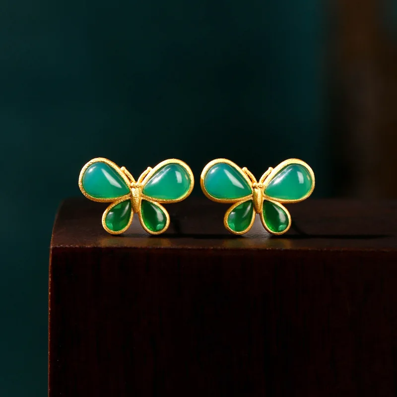 Pendientes de tuerca verde de viento de marea nacional para mujer, mariposa de ágata de Chalcone Natural, moda Simple, todo, accesorios de joyería