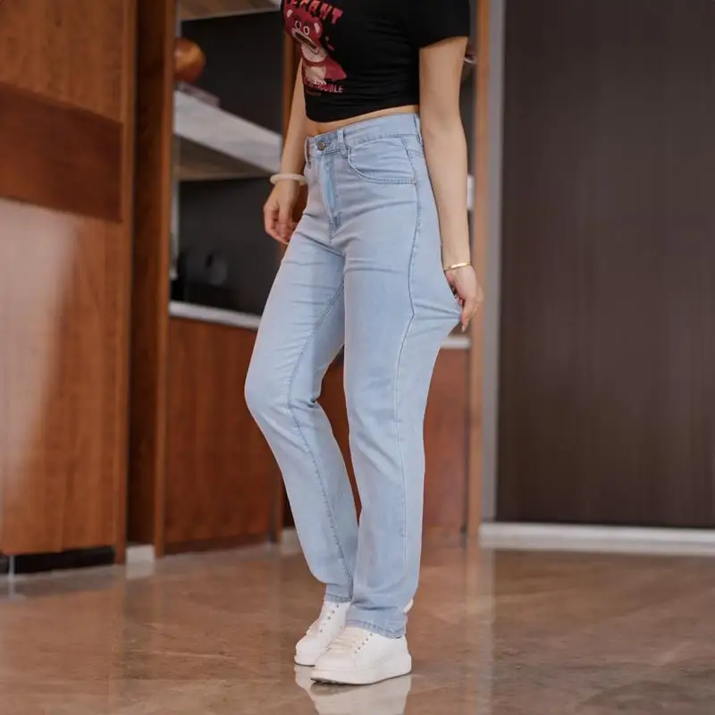 

Blue High Waist Loose Straight Leg Elastic Business New Large Size Thin Summer Men's Jeans Casual Long Pants Multi Pocket