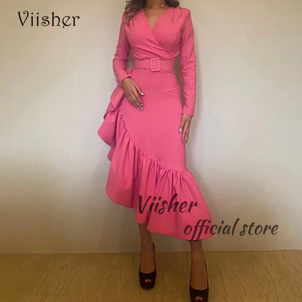 

Viisher Pink Mermaid Evening Dresses Long Sleeve V Neck Arabic Dubai Formal Prom Dress Tea Length Formal Prom Gowns