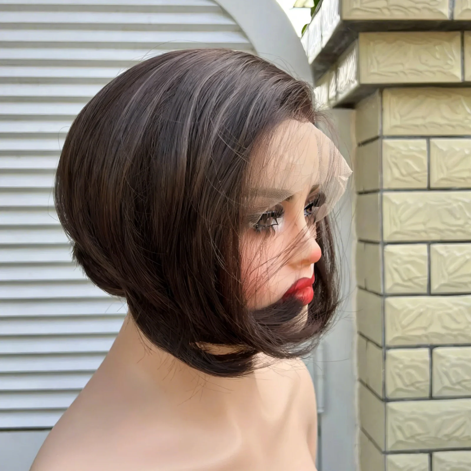 Chocolate Brown Straight Short Bob Wig Natural Looking Synthetic Lace Front Wigs for Women Wavy Short Cut Brunette Daily Party