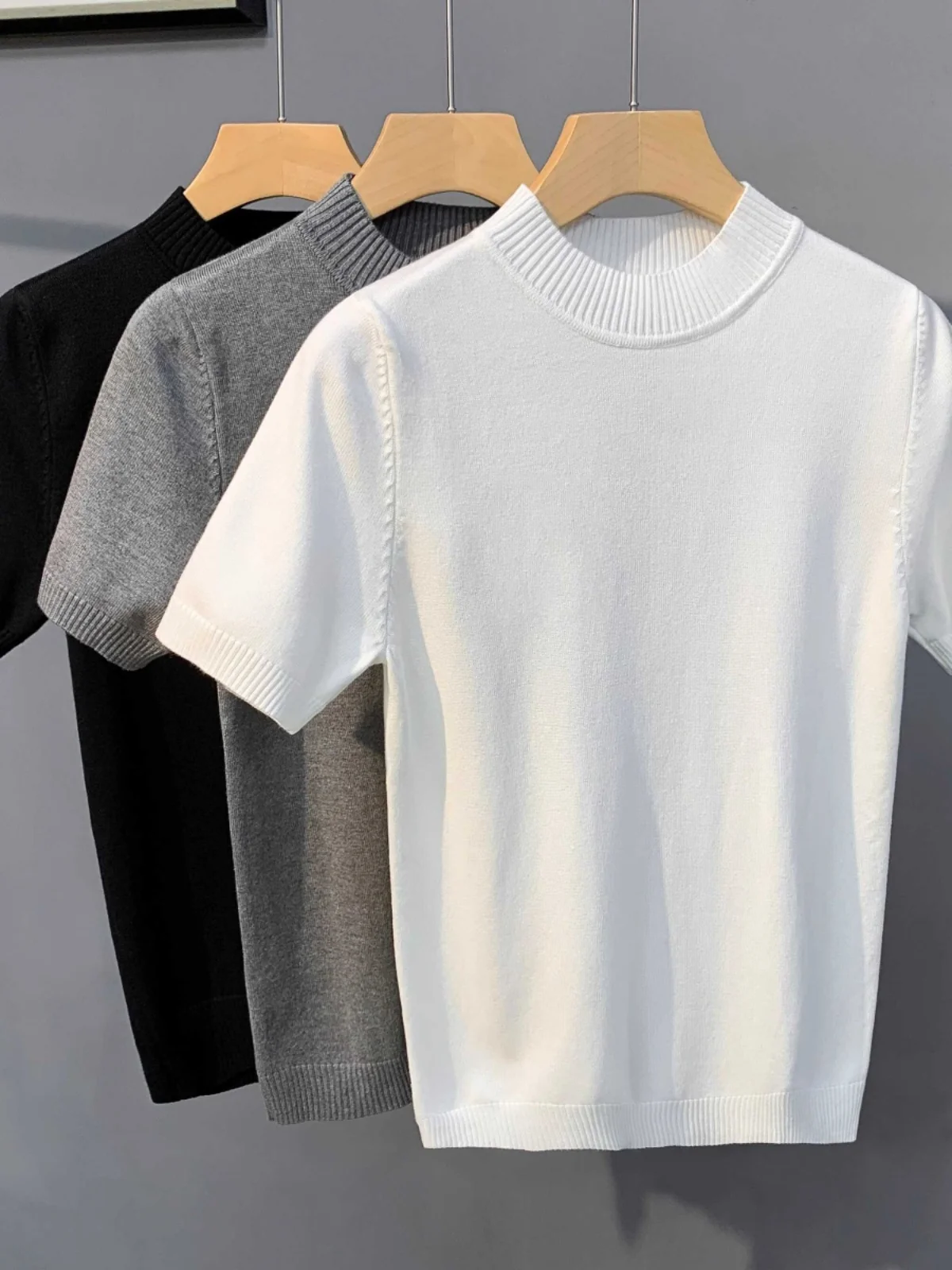 Summer Men's Slim Fit Knit Shirt Half High Collar Short Sleeve Trendy American Style Youth Casual Fashion Antibacterial ...