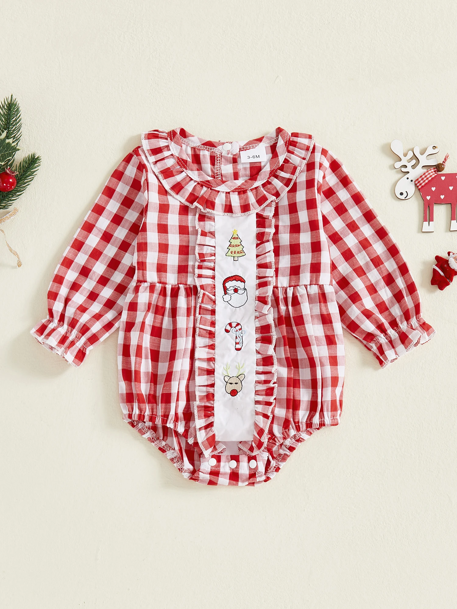 Toddler Girl Tartan Romper with Festive Christmas Tree Embroidery Ruffled Round Neck and Long Sleeves - Adorable Bubble