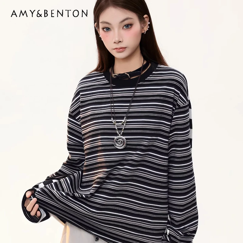 

2026 Spring New Striped Splicing Long Sleeve T-Shirt Unisex American Retro Design Commuter Loose Versatile Top T-Shirts Ladies