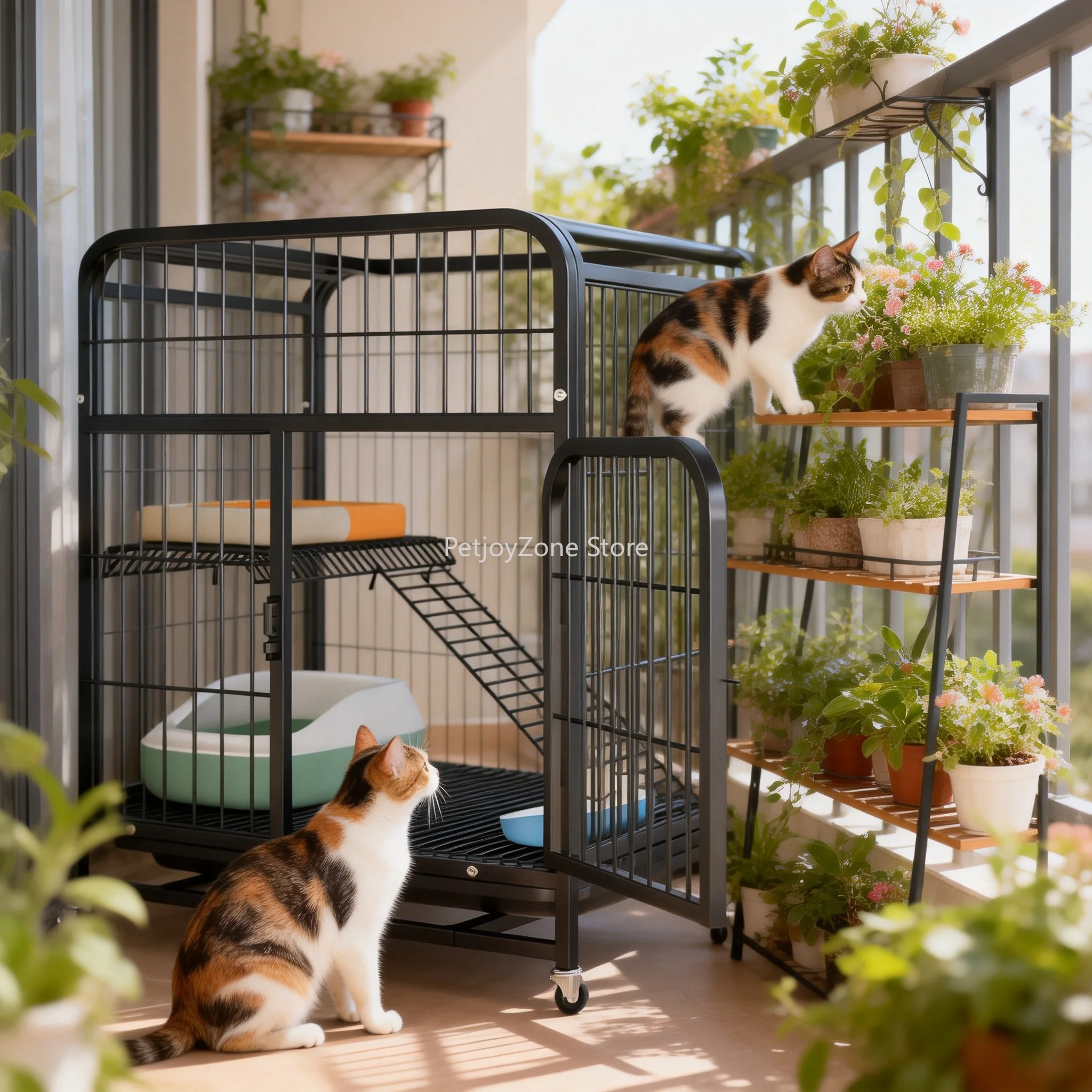 

Premium Two Tier Square Tube Iron Cat Cage Sturdy Pet Crate Top Opening Door Smooth Universal Wheels Safe Lock