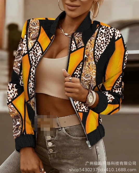 New Women's Short Jacket 2024 Long Sleeve Zipper Design Round Neck Contrast Printed Baseball Cropped Jacket Coat Streetwear