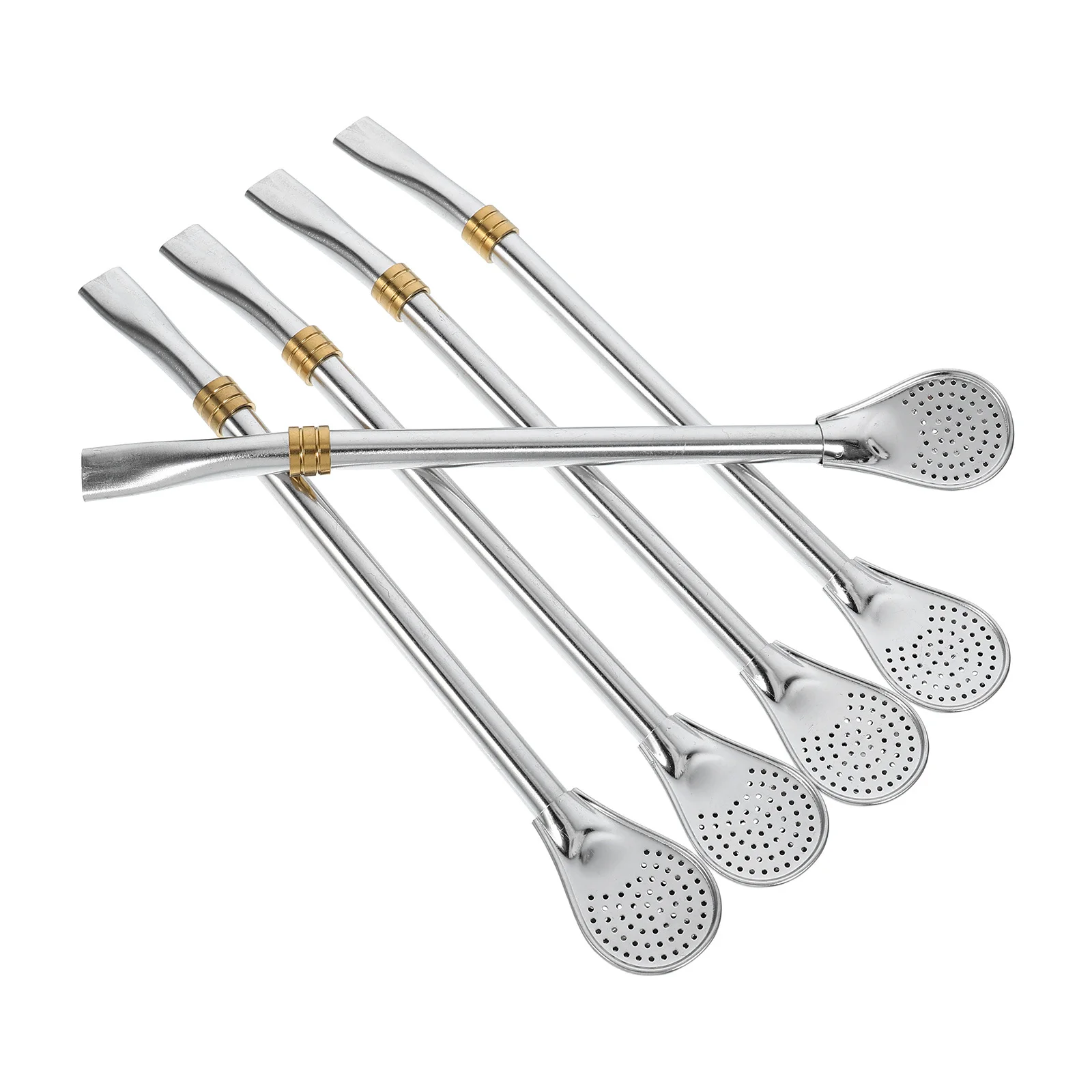 

5pcs Stainless Steel Straw Spoon Hollow Filter Fork Design For Coffee Tea Bar Restaurant Use Mixing Stirring Tool
