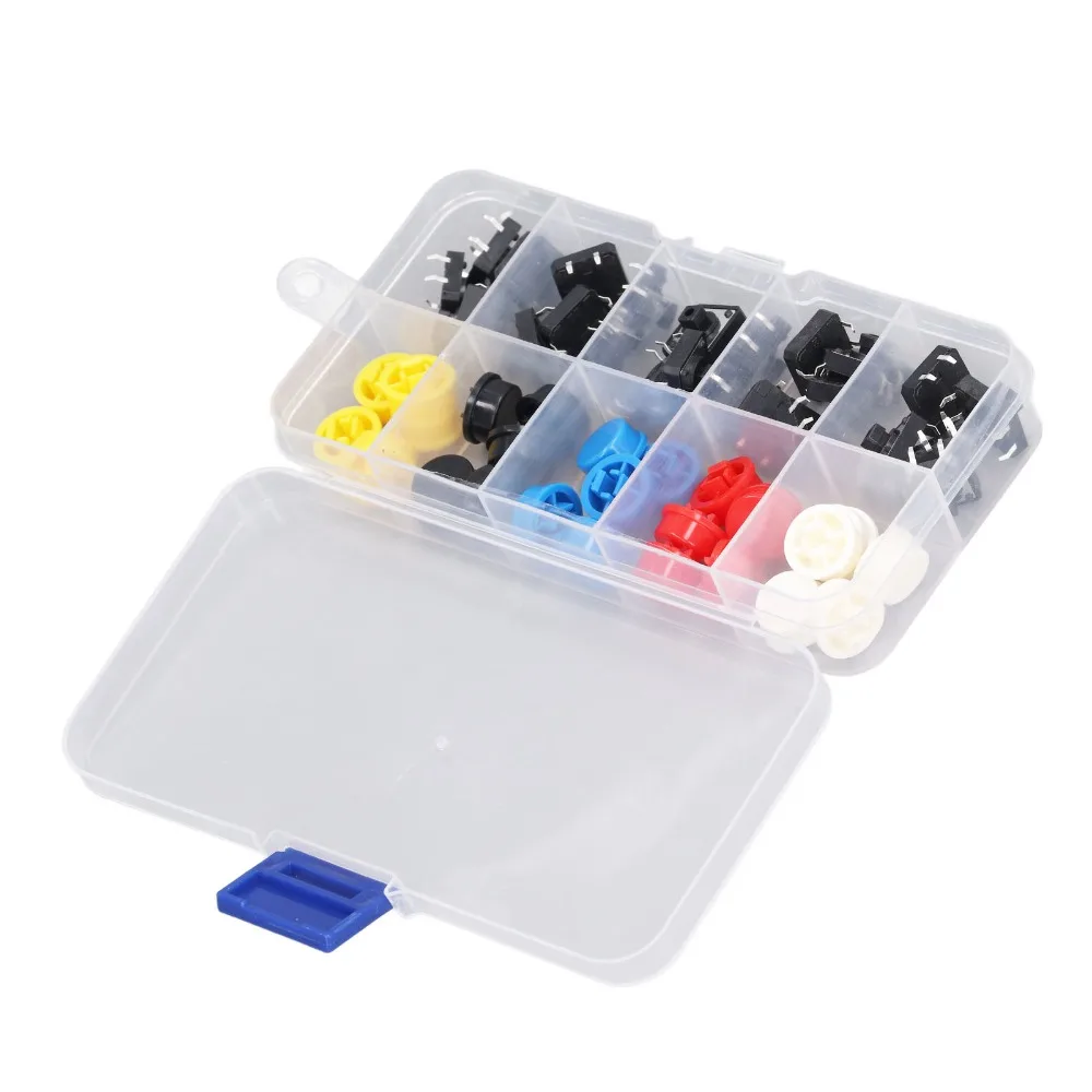 

25 шт. тактовый кнопочный переключатель круглой формы, 4-контактный с крышкой, микропереключатель SMD PCB 12x12x7,3 мм, 5 цветов, тактильный комплект кнопок