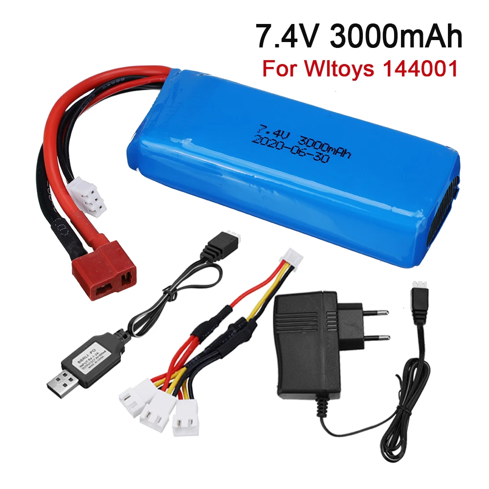 7.4V 2S Battery + 7.4v Charger for Wltoys 144001 toys car Upgrade 7.4V 3000mAh Lipo Battery For RC Car Trucks toys Spare Parts