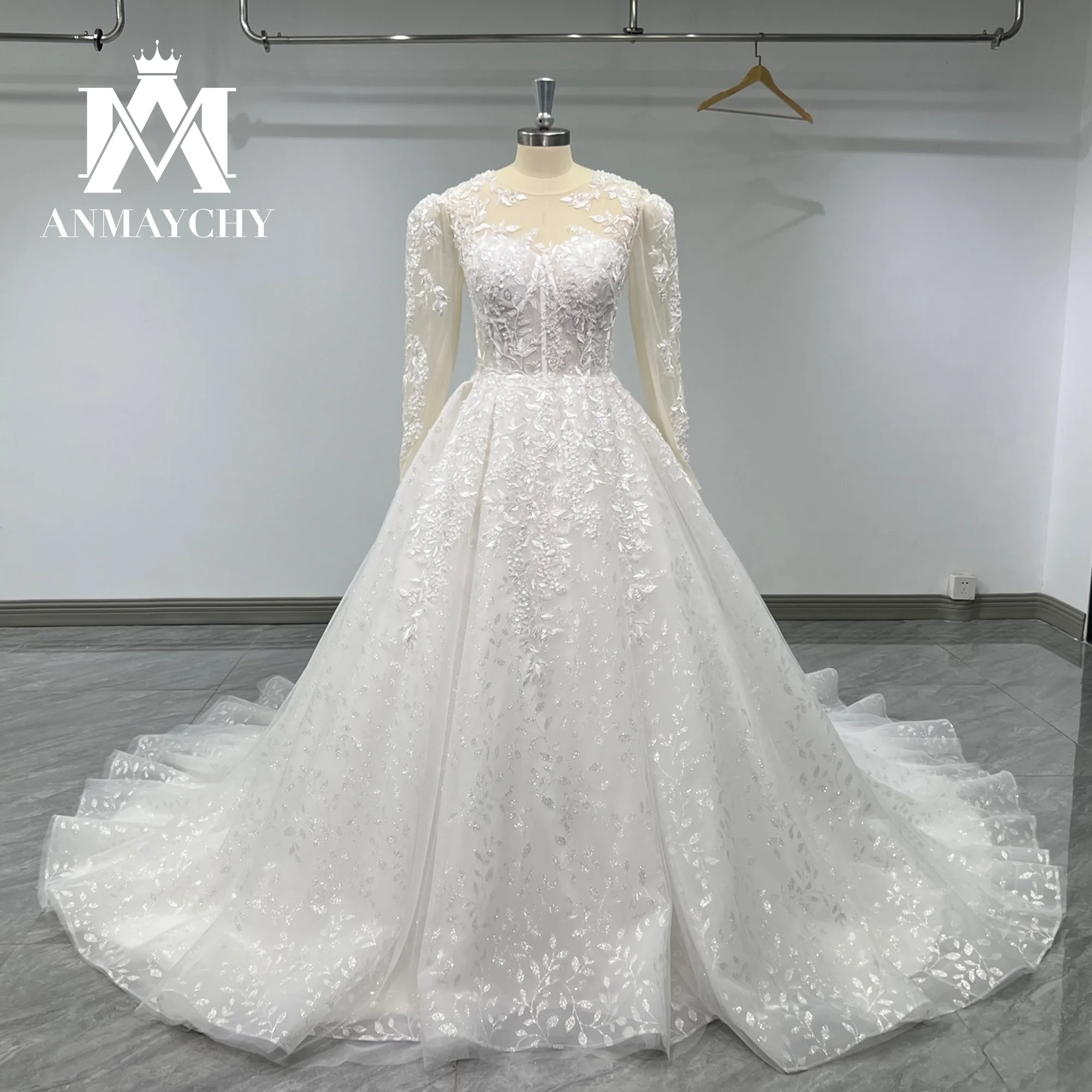 

ANMAYCHY A-Line Wedding Dresses For Women 2023 Charming Long sleeve Appliques Beading Brush Train Wedding Gown Vestidos De Novia