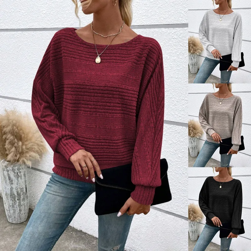 Modern Style Women's T-shirt Batwing Sleeve round Neck Striped Top Thickened Loose Fit Fall Winter New Arrival Cross-Border F...