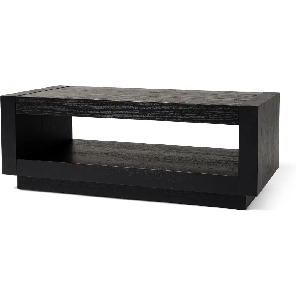 Large 2 Tier Contemporary Rectangle Wooden Center Coffee Table with Shelf Storage for Living Room in Refined Black Finish