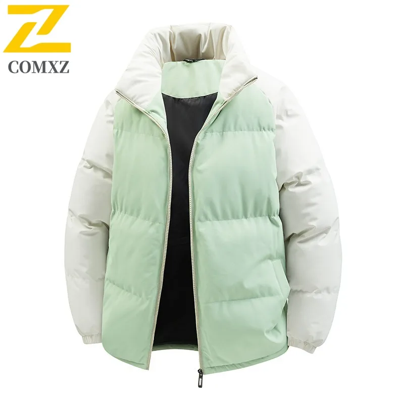 COMXZ 2025 Autumn Winter Color Block Cotton Jacket Unisex Stand Collar Loose Fit Thick Warm Coat tactics lightweight windbreaker