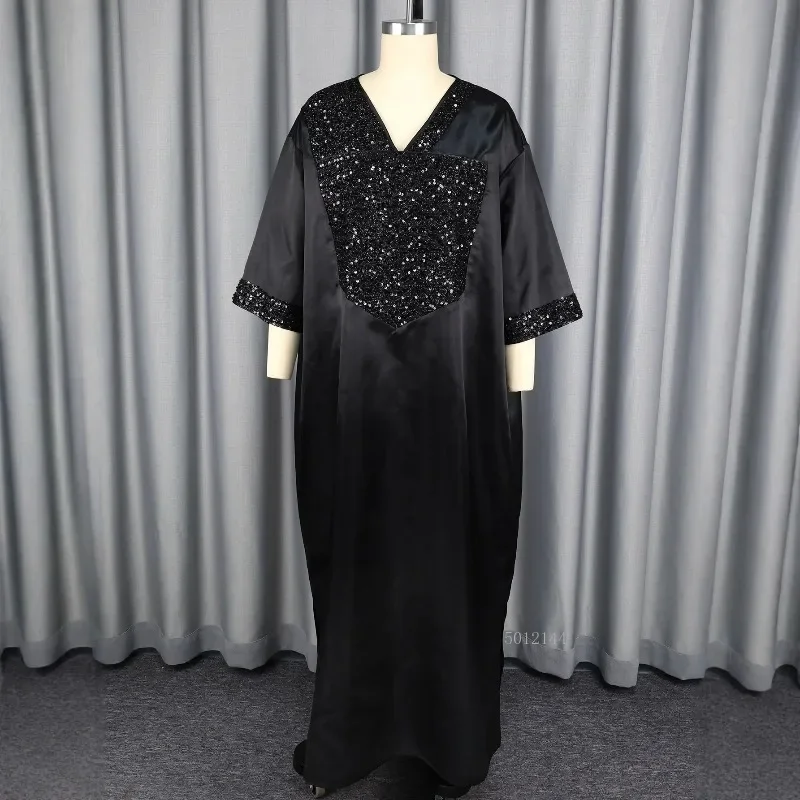 Shiny Bubu Kaftan Dress for Women African Boubou Long Loose Patchwork V Neck Sequined Traditional Church Clothing