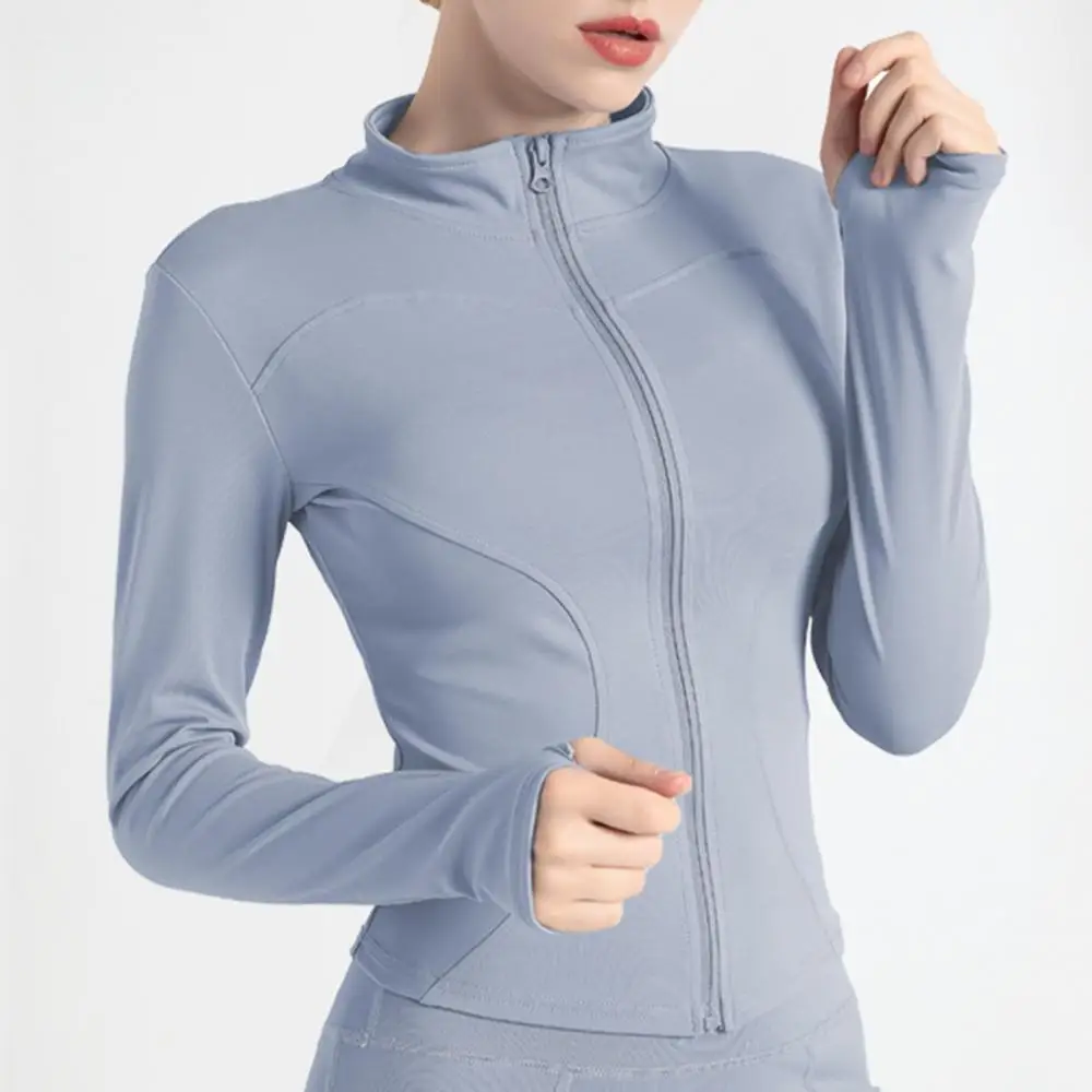 Chaqueta ajustada de manga larga con cuello levantado para mujer, abrigo de secado rápido con cremallera para correr y Yoga