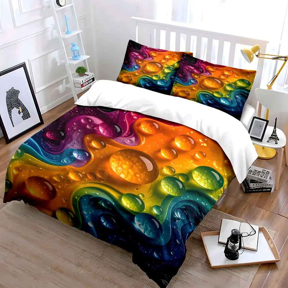 Rainbow droplets and flowing colors Print Bedding Set 1 Duvet Cover 2 Pillowcases for Adult and Children Luxury Gift Full Size