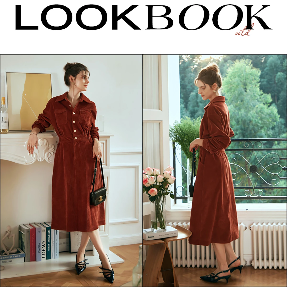 OLrain Vintage Red Dress 2025 New Early Spring Long Sleeve Corduroy Women's Dress Turn-Down Collar Fitted waist Dress O24CL88298
