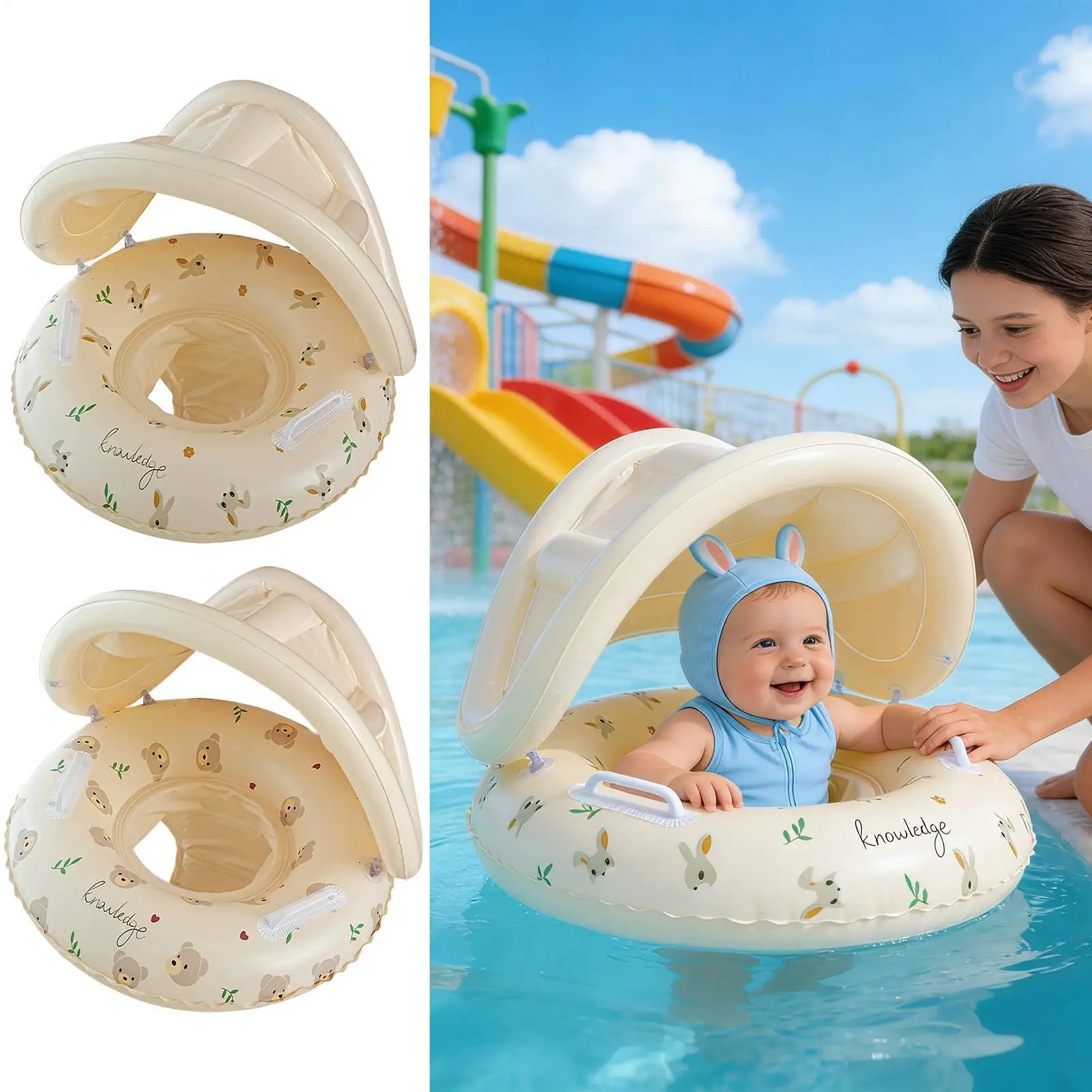 Kid Float with Canopy Baby swimming ring with sunshade Inflatable baby pool float mat Kid Swimming Float  Water Play Supplies
