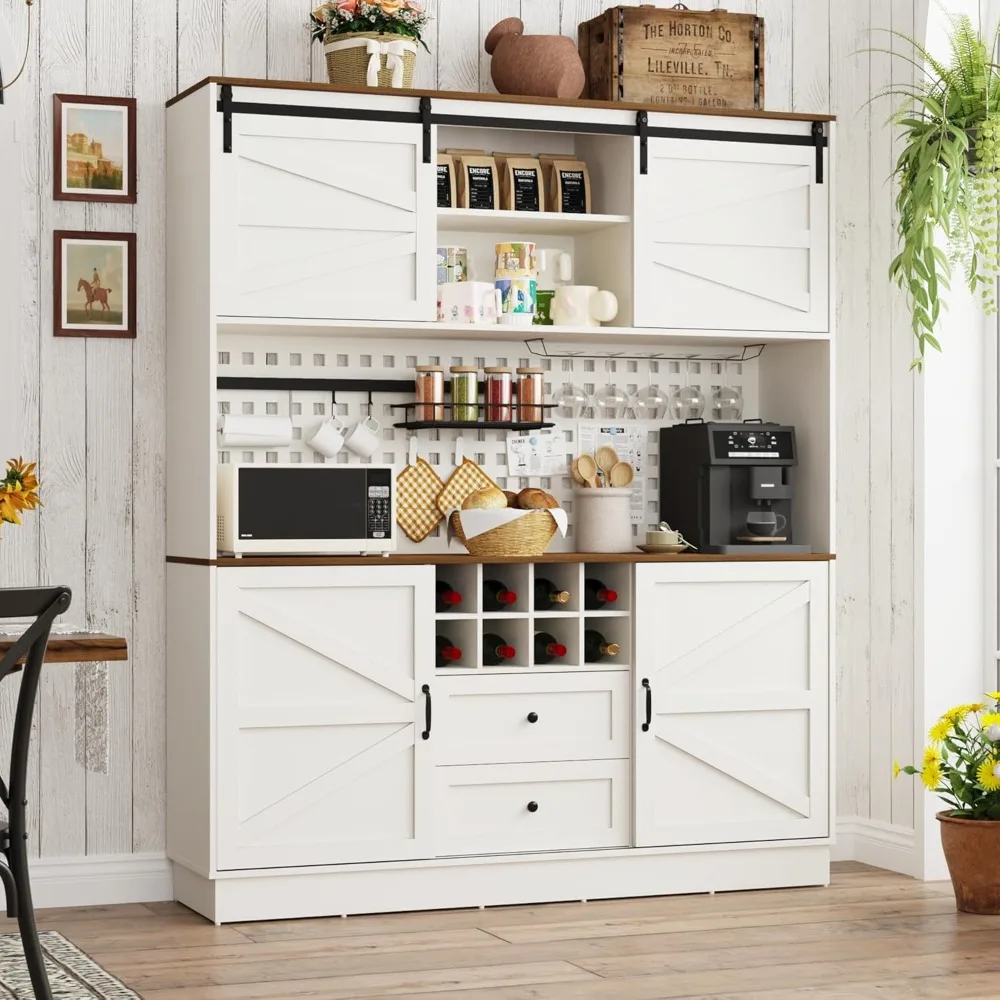 

75” Kitchen Pantry Storage Cabinet, Farmhouse Kitchen Hutch Cabinet with Power Outlet, Large Coffee Bar Cupboard with Microwave