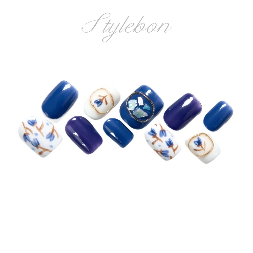 Faux ongles en acrylique à couverture complète, embouts à coller, presse ronde courte, tulipe bleue faite à la main, N64.avec colle