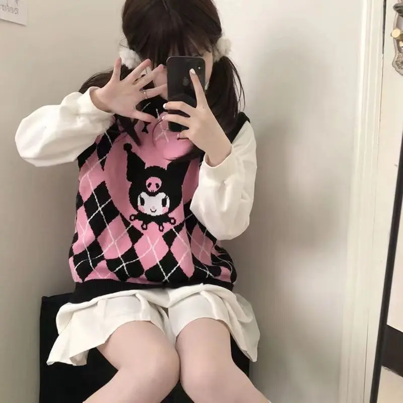 Sanrios Kuromi Knitted Vest Cute Embroidered Sweater Cartoon Spring Autumn V-Neck Knit Shirt Anime Sweet Waistcoat Girl Gift