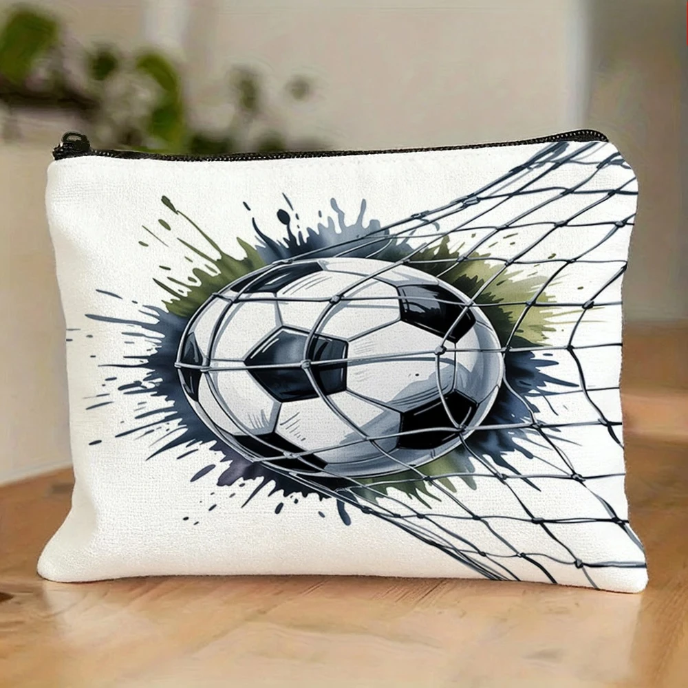 Soccer Ball Canvas Makeup Bag, Soccer Net & Splash Print, Zippered Cosmetic Pouch For Football Lovers