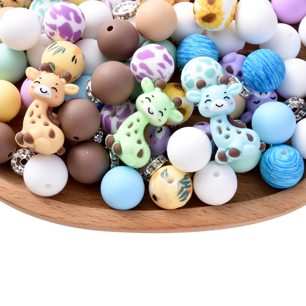 28Pcs Animal Silicone Giraffe Beads Round Beads Set Pacifier Chain Making Bead For DIY Baby Jewelry Bracelet Pendant Bead