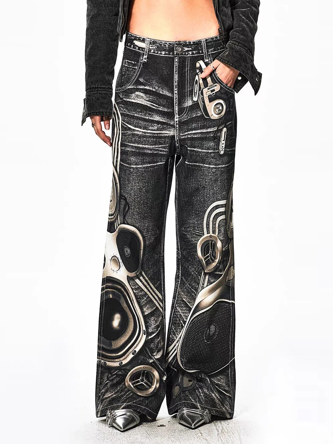 

Slimming Straight Leg Jeans Women's Loose Fit Digital Print Electronic Sound Casual High Waist Zipper Closure Denim Pants