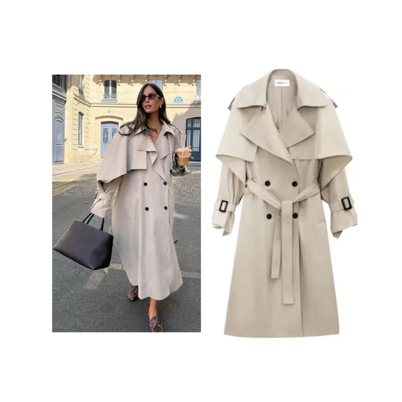 

NERHEFZ Womne Double-breasted Trench Windbreaker Long Sleeve Belt Lapel Collar Casual Retro Loose Female Windproof Outerwear ﻿ ﻿