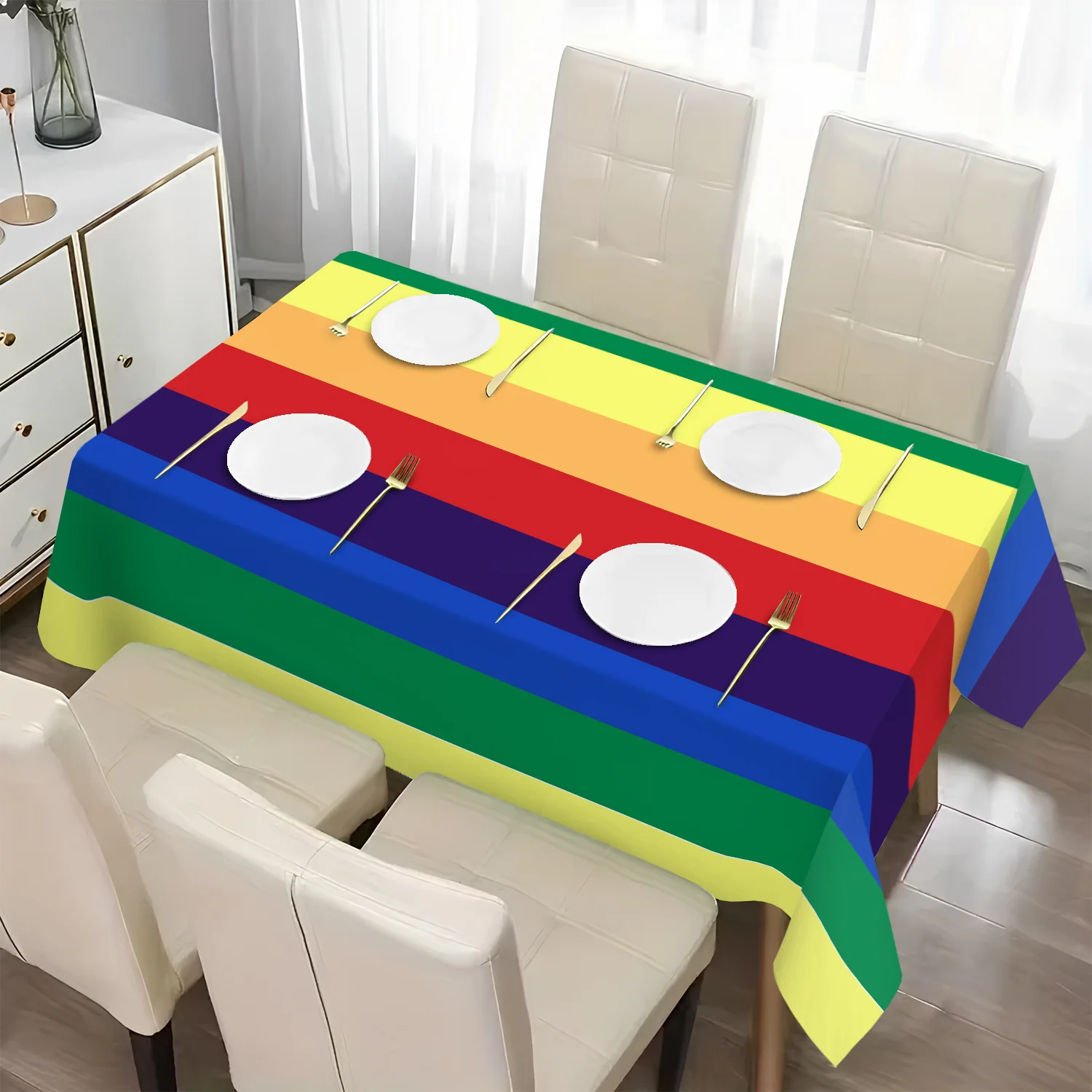 One colorful striped polyester tablecloth, washable tablecloth, suitable for dining room and festive parties