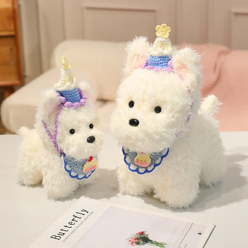 

Lovely Fluffly West Highland Dog Birthday Dress Up Plush Toy Soft Stuffed Animal Cute Puppy Baby Appease Doll for Girls Gifts