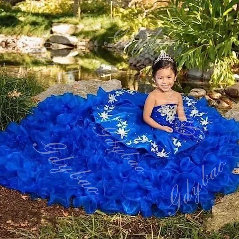 Robe de demoiselle d'honneur bleu royal pour mariage, appliques perlées, volants, robe de reconstitution historique pour enfants, robe de première communion initiée, 2024