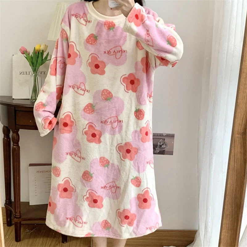 2024 Winter Long Sleeve Thick Warm Flannel Nightgowns for Women Casual Striped Coral Velvet Nightdress V-neck Night Dress Nighty