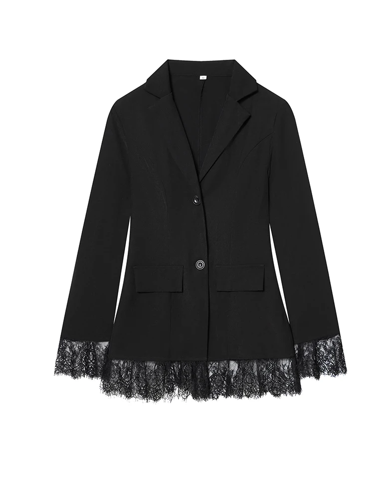 

Женский пиджак с кружевной отделкой по краю, черный однобортный приталенный пиджак, пальто