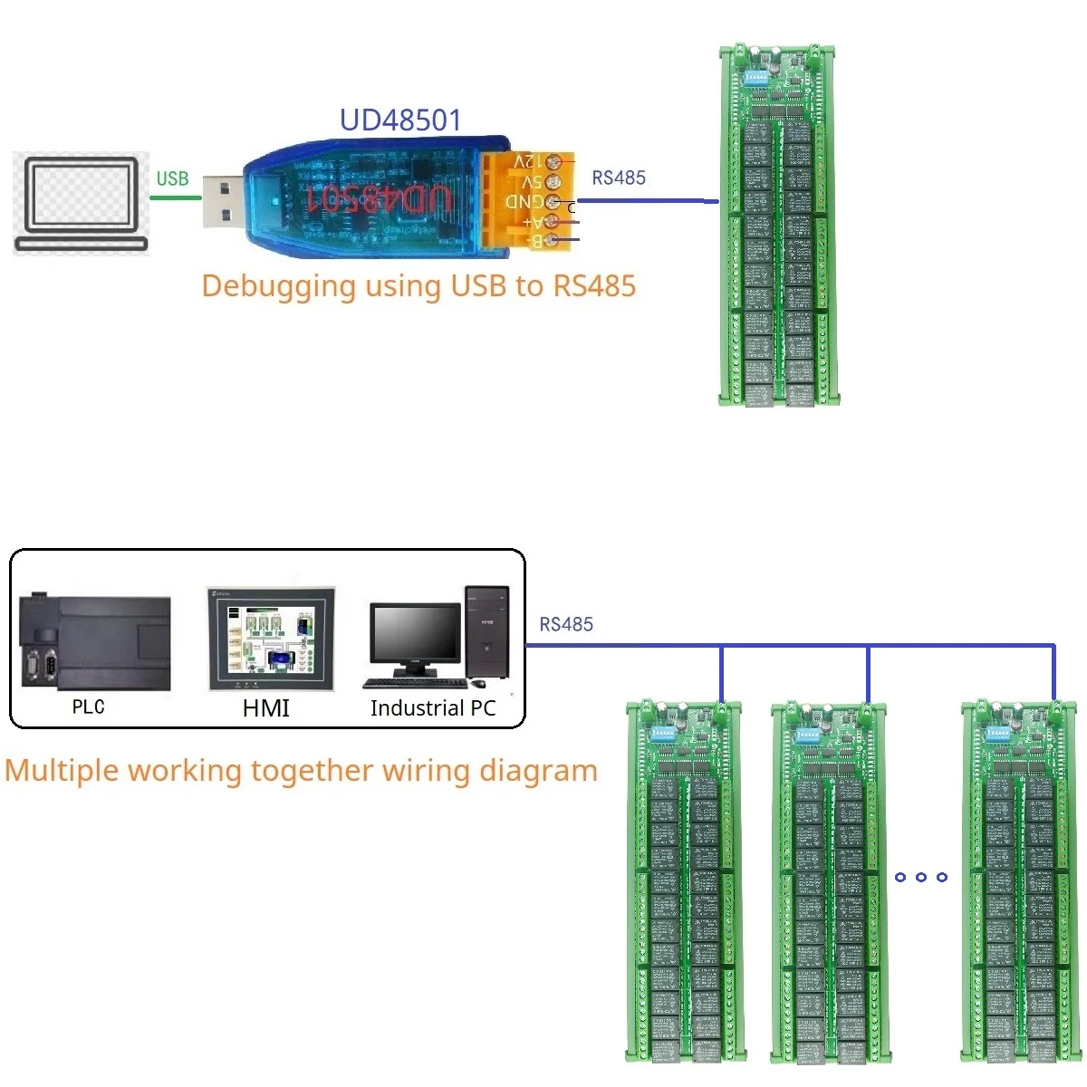 DC12V 24V 24CH PLC IO RS485 ON/OFF Momentary Delay Latch Relay Uart Modbus Module For Automatic Curtain Control