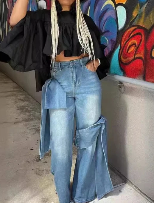 American Vintage Fashion Women's Jeans Washed Spliced Trendy Bow Design Sense High Waisted Straight Leg Minimalist Denim Pants