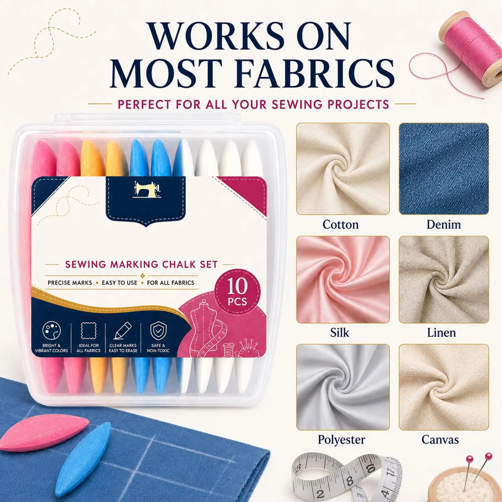 10Pcs Tailors Chalk Set 4 Colors Washable Fabric Marking Pens Sewing Supplies Kit Quilting Craft Accessories Sewing Chalk