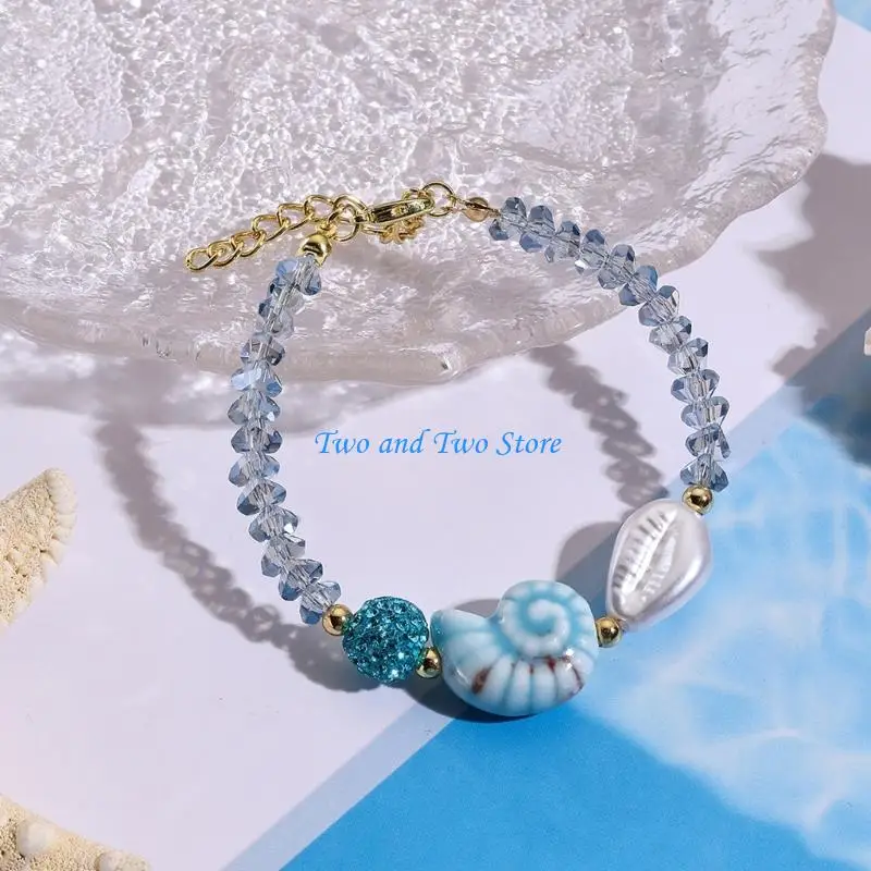 

HX6F Delicate Ceramic Ocean Creature Bracelet With Snail Charm Crystals Beadwork Fashion Accessory