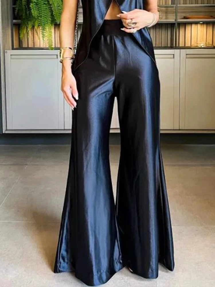 Black 2 Pieces Sets Women Sleeveless Tank Split Hem Top And Wide Leg Pants Sleepwear Women Pajamas Silk Pant Loose Home Suit