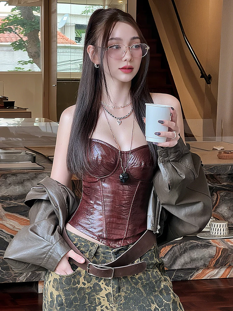Kliou PU Leather Tank Tops Woman Sexy Chest Wrap Off Shoulder Backless Shape Waist Look Slimmer Hot Girls Street Fashion Vest