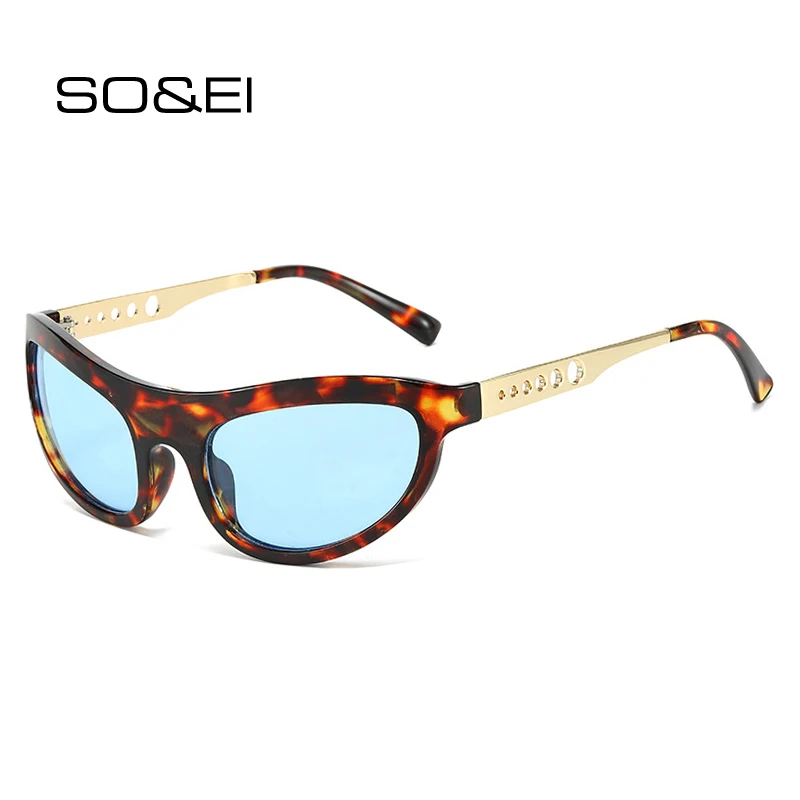 

SO&EI New Cat Eye Women Sunglasses Vintage Unique Metal Hollow Circle Legs Shades UV400 Men Fashion Leopard Blue Sun Glasses